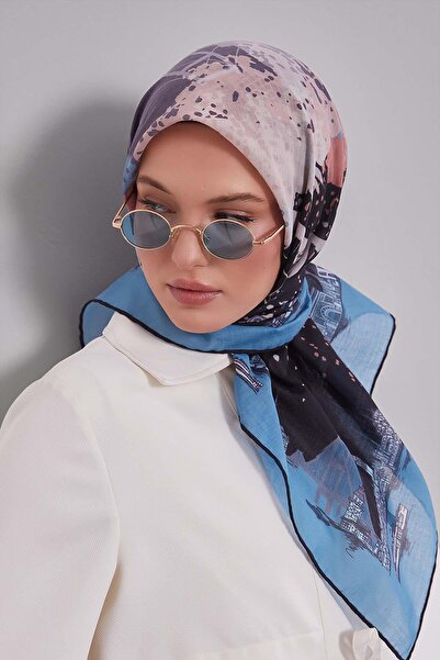 Levidor وشاح من الحرير والقطن بنمط المناظر الطبيعية باللون الأزرق الفاتح