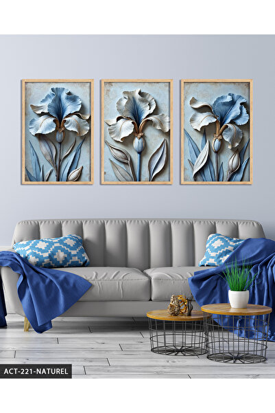 Evinemoda Dokulu Görünüm Mavi Çiçek 3 Parça Ahşap Çerçeveli Tablo ACT