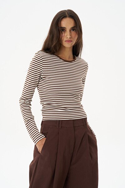 Beauty Omelette Kahverengi Çizgili Bisiklet Yaka Uzun Kol Body