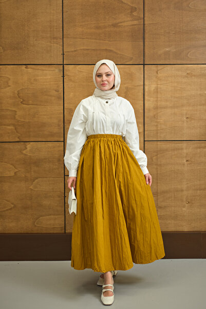 LOCCO Women's Elastic Waist Crinkle Detail Skirt Mustard