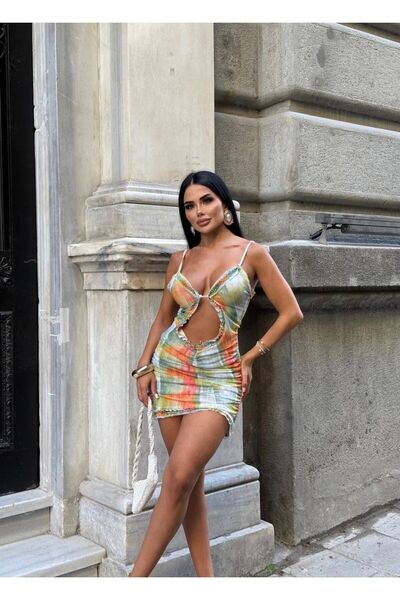 NEW JOURNAL Rochie verde cu decolteu adânc bretele cu model tul pentru femei ...