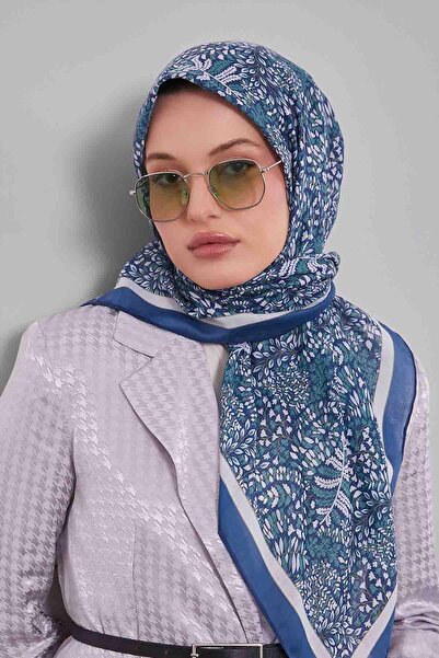 Levidor Denim blue mini leaf pattern silk cotton scarf