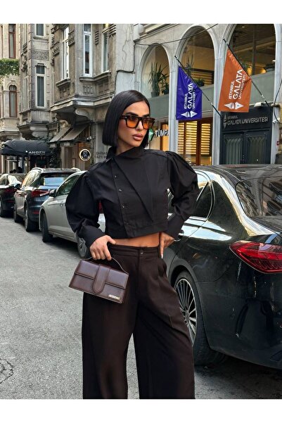 NEW JOURNAL Cămașă neagră de damă cu talie elastică crop YEL221784