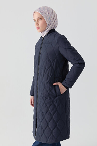 Tuğba Pilot Yakalı Ribana Detaylı Kapitone Kaban - Lacivert