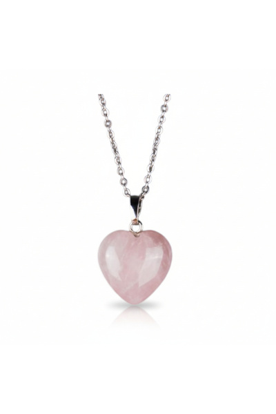 PORSE Kadın Pembe Kuvars Doğal Taşı Kalp Şeklinde Çelik Zincirli Kolye