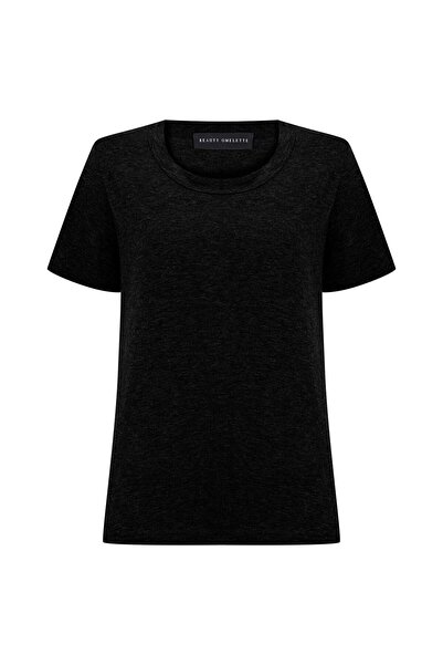 Beauty Omelette Siyah Bisiklet Yaka Flamlı Kısa Kol Tshirt