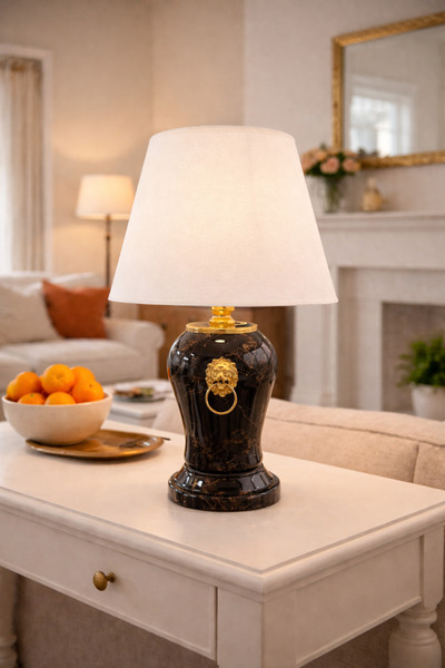 ferayhome Abajur Aydınlatma Aslanlı Şah Siyah Mermer Beyaz Şapka Gold - Feray...