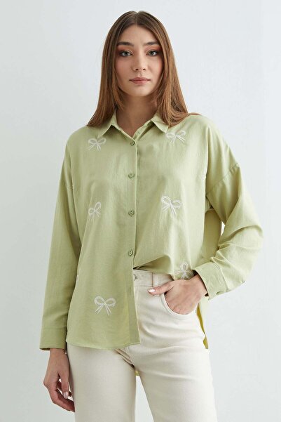 Fulla Moda Bow Embroidered Oversized Shirt