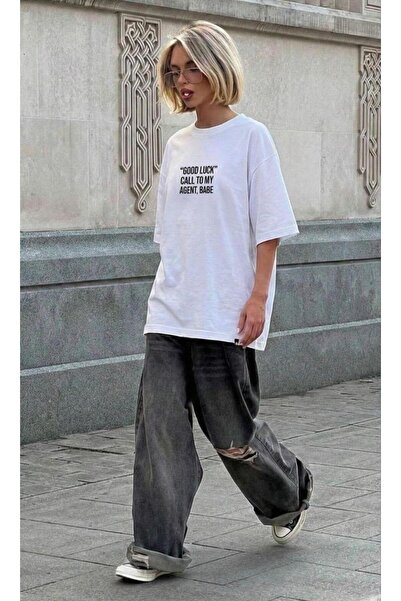 karpuzbutiks Pinterest Girl Oversized White T-Shirt with Printed Text