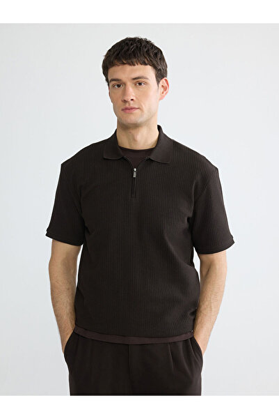 LC Waikiki Καφέ ανδρικό πλεκτό μπλουζάκι με λαιμόκοψη πόλο και ριμπ ύφανση