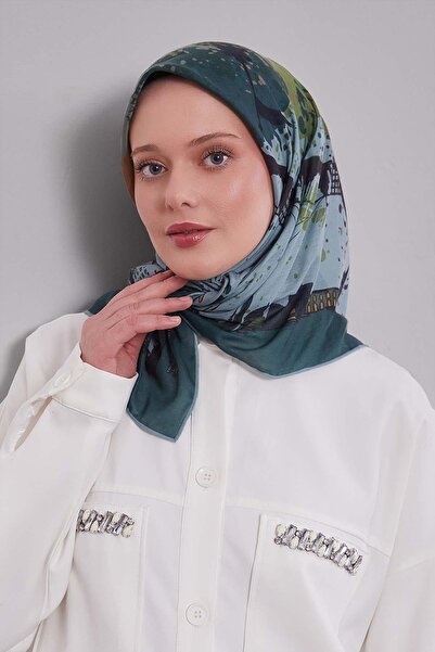 Levidor Green Landscape Pattern Silk Coton Scarf