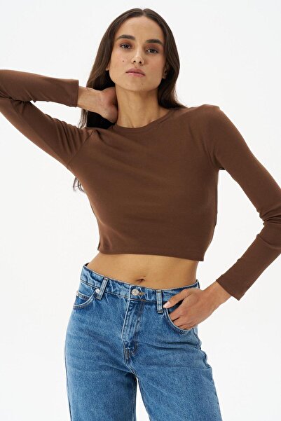 Beauty Omelette Kahverengi Bisiklet Yaka Uzun Kol Crop Body