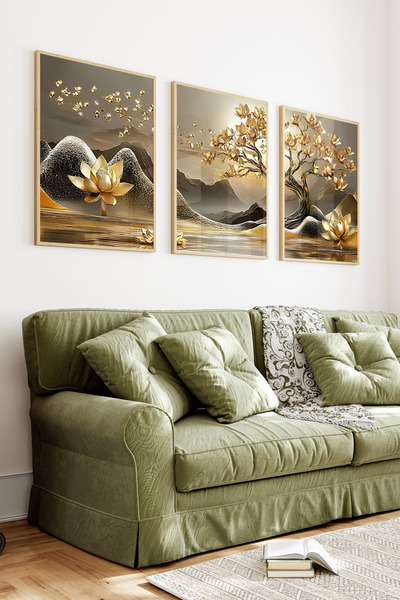 kutuTR Ahşap Çerçeveli 2D UV Baskı 3'lü Tablo set–Altın Tonlarda Lotus Ve Zar...