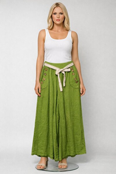 EREN STYLE Italian Corsage Button Detail Authentic Belted Wide Leg Linen Trou...