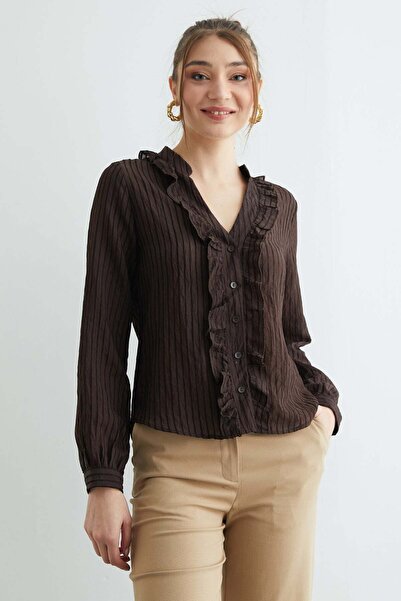 Fulla Moda Jacquard Shirt with Ruffled Stripes on the Front