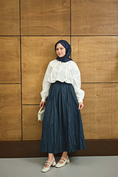 LOCCO Women's Elastic Waist Crinkle Detail Skirt Indigo Blue