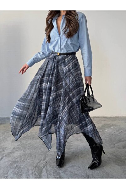 İLKCET MODA Asymmetrical Cut Patterned Lined Women's Chiffon Skirt