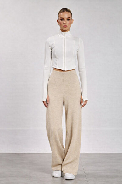 RAMİOR COLLECTION Beige High Waist Wide Leg Knitwear Trousers