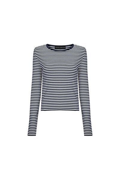 Beauty Omelette Lacivert Çizgili Bisiklet Yaka Uzun Kol Body