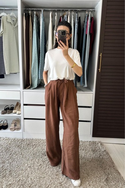 Crep بنطلون باليزو كتان بخصر مطوي - بني