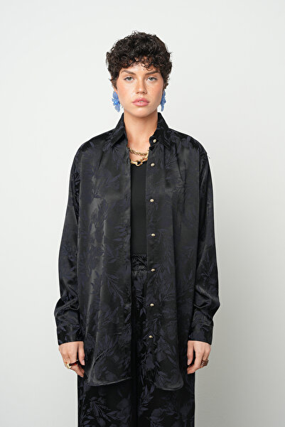 Orfeo Negro Women's Night Black Floral Patterned Silky Satin Look O Oversized...