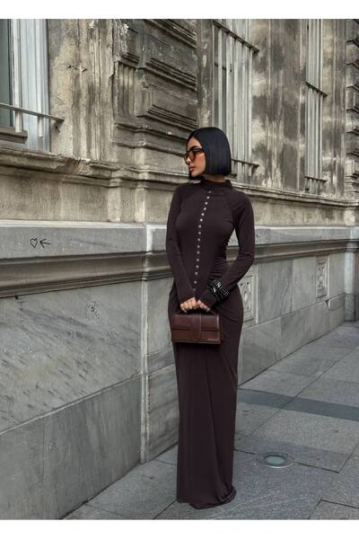 NEW JOURNAL Γυναικείο Καφέ Φόρεμα Μάξι με Λεπτομέρεια στα Με σούρες Κουμπιά Y...