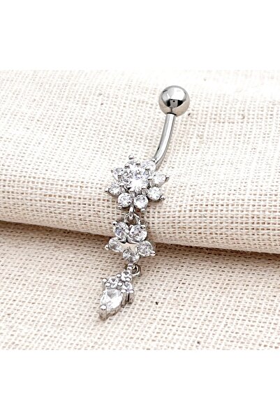 Siya Silver Zirkon Taşlı Sıralı Çiçek Cerrahi Çelik Göbek Piercingi - 4,5 cm