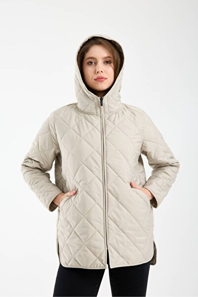 Wise Women's Hooded Oversized Quilted Fabric Zipper Closure Slit Coat