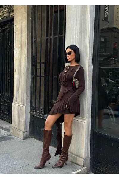 NEW JOURNAL Γυναικείο Καφέ Ασύμμετρο Μίνι Φόρεμα Λεπτομέρεια με βολάν YEL221787