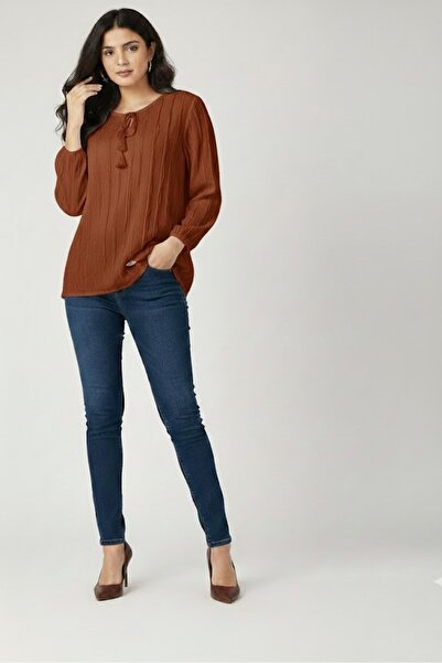 THEBEK Tie-Down Collar Fır Fır Fabric Long Sleeve Women's Blouse
