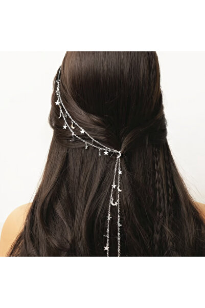 GlassySKY Accesoriu boem cu lanț de păr lung, cu semilună și stele, pentru nu...