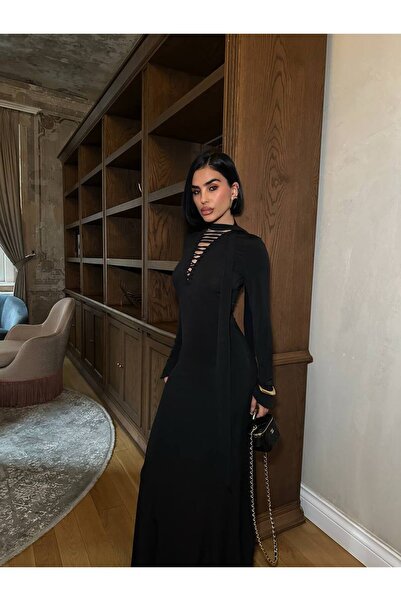 NEW JOURNAL Γυναικείο Μαύρο Φόρεμα Μάξι με Φουλάρι YEL221793