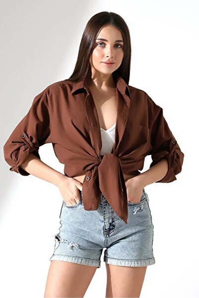 GÖMLEKÇİNİZ Women's Brown Linen Buttoned Oversized Shirt