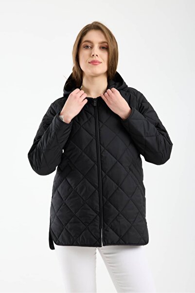 Wise Women's Hooded Oversized Quilted Fabric Zipper Closure Slit Coat