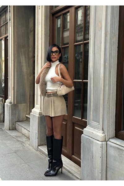 NEW JOURNAL Дамски бежови къси панталони с плисирани детайли на колана YEL221796