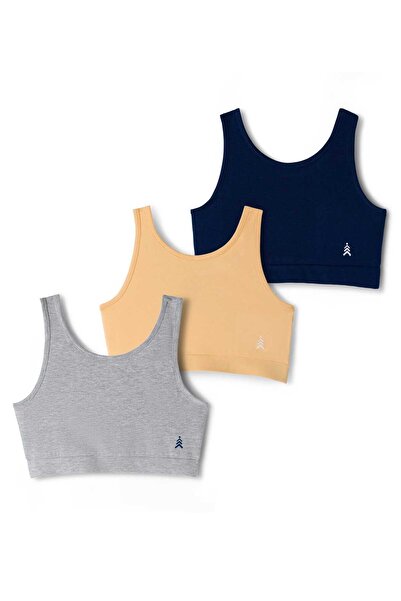 Pine kids Cotton Elastane Solid Bralettes (Pack of 3) - Navy Blue, Beige, Gre...