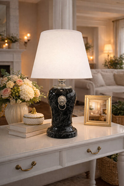 ferayhome Abajur Aydınlatma Aslanlı Şah Siyah Mermer Beyaz Şapka GÜMÜŞ - Fera...