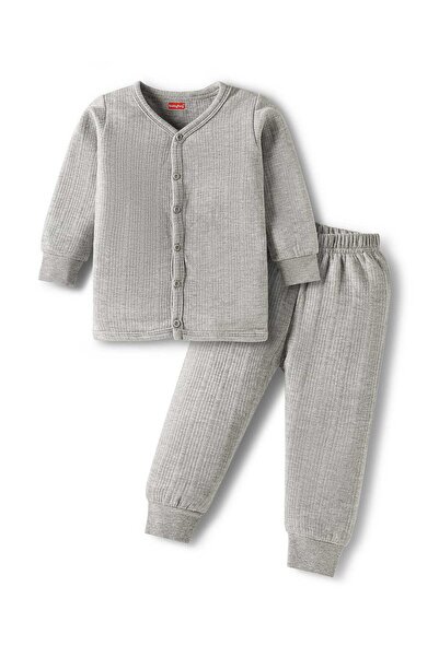 Babyhug طقم صدرية وبنطال حراري محبوك بأكمام طويلة وفتحة أمامية سادة - رمادي فاتح