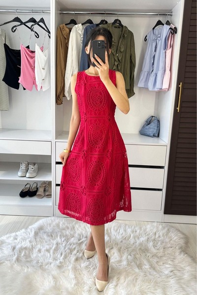 BEBE PLUS Dantel İşleme Sıfır Kol Detay Elbise - Fuşya FUŞYA