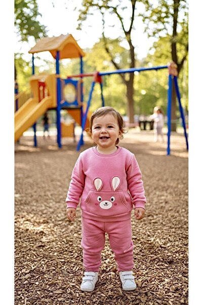 Sinem Çeyiz Bıcır 0050 Pink Rabbit Ear Baby Tracksuit Set with Straps