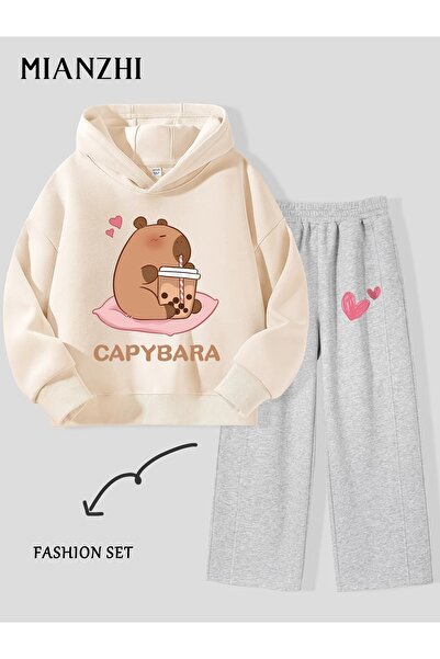buendiakids Kız/Erkek Çocuk Bej-Gri Capybara Milkshake Baskılı Kapuşonlu-Geni...