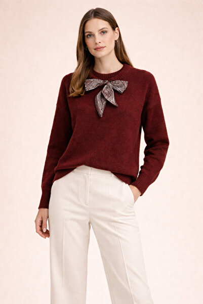 Kirazgym Women's Soft Collared Sweater with Scarf Detail - Burgundy