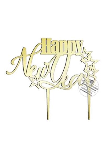 Decoratiuni Dulci Cake topper Happy New Year cu stele - Auriu oglinda