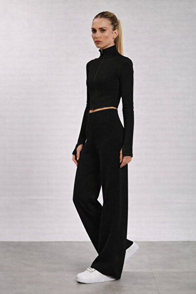 RAMİOR COLLECTION Siyah Yüksek Bel Bol Paça Triko Pantolon