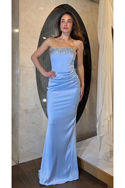 SpringStore Mavi Yakası İşlemeli Üstü Krep Altı Saten Abiye