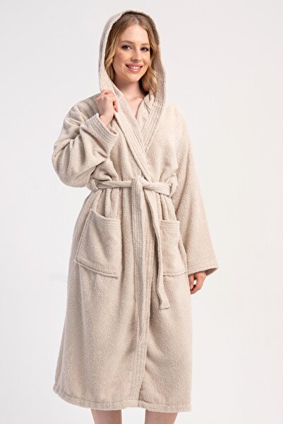 VİENETTA Women's Hooded Belted Ecru Bathrobe with Pockets C9T6N8161