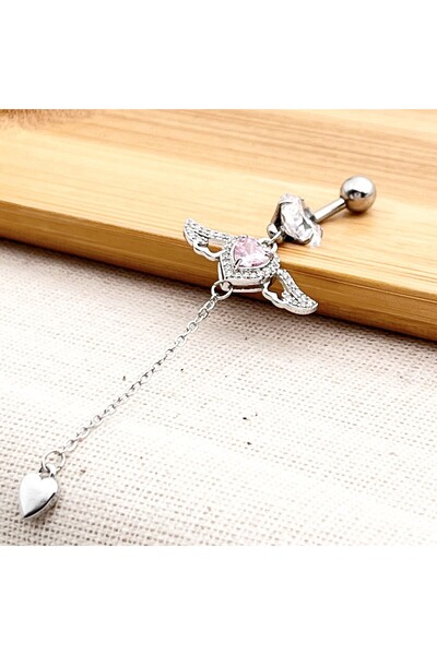 Siya Silver Pembe Zirkon Taşlı Kanatlı Sallantılı Kalp Cerrahi Çelik Göbek Pi...