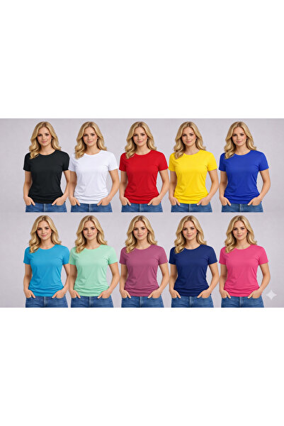 shidumanlar 10lu set kadın bisiklet yaka basic düz tişört pamuklu ligralı kal...