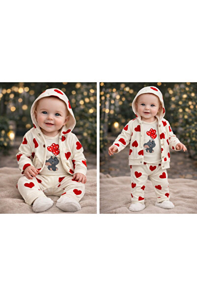 kahkaha kids Kalpli Kız Bebek Takımı Kapüşonlu 3’lü Set – Unisex Ekru Kırmızı...