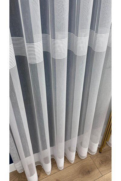 VOLPER MEKANİK 2672 Striped Modern Living Room Curtain 1/3 Dense Pleated Tulle Curtain (White)